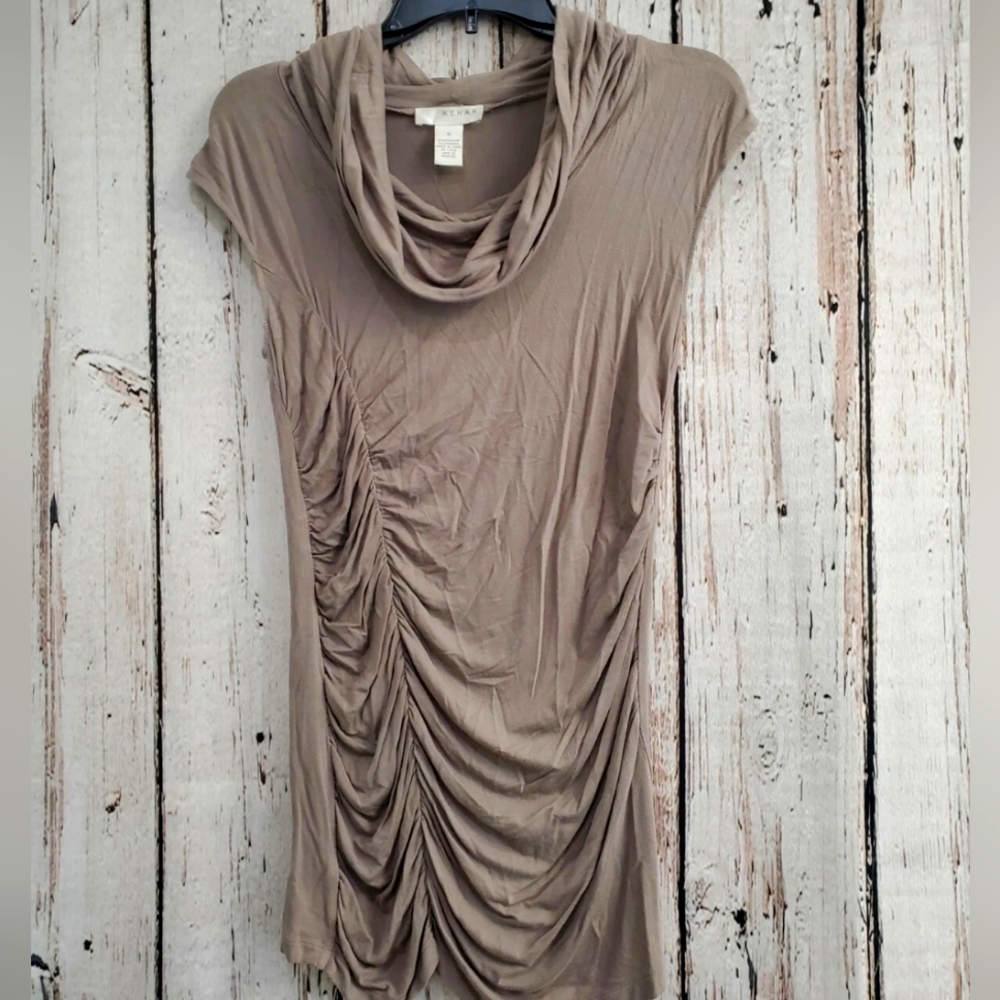 Kenar Women's Small Tan Sleeveless Ruched Side Cowl Neck Jersey‎ Dress Tunic EUC